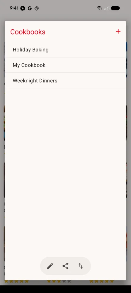 The Cookbooks picker on Android: the add button beside the title, three cookbooks listed below it, and the edit, share and sort buttons at the bottom.