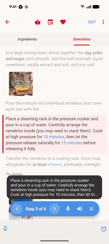 Cook mode on Android: the directions with the current step highlighted and the others dimmed, the step's text above the step pill, and the step pill at the bottom with the previous and next arrows, Step 3 of 6, and the microphone, speaker and close buttons.