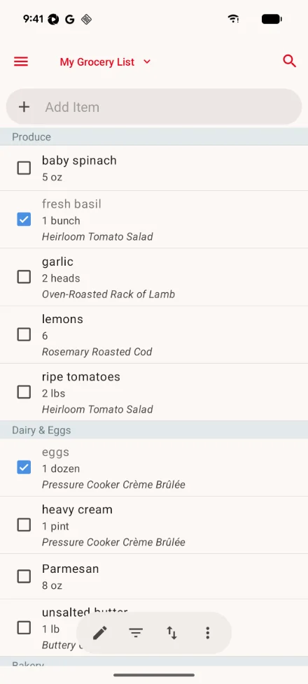 The grocery list on Android: the current list name and search button at the top, the add item field, items sorted by aisle with their quantities and recipes, two checked off, and the edit, filter, sort and actions buttons at the bottom.