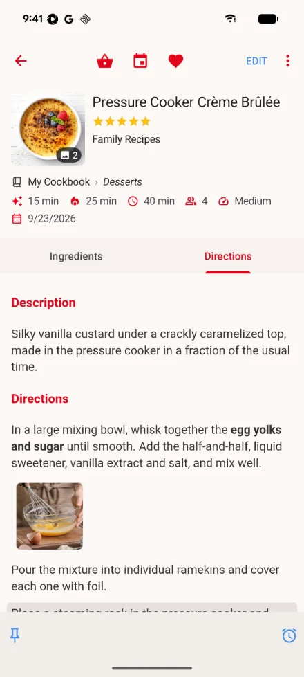 A recipe open on Android: the toolbar with the grocery list, meal planner and favorite buttons, Edit and the actions button; the photo, name, rating and details; the Ingredients and Directions tabs; the directions; and the pin and timer buttons at the bottom.