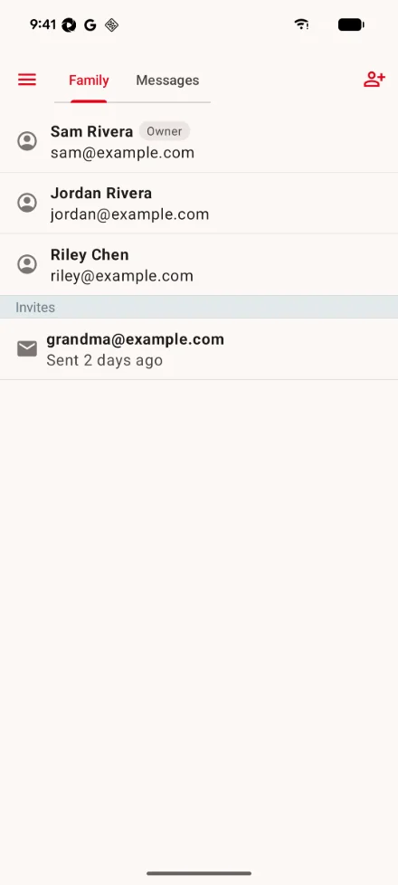 The Sharing screen on Android: the Family and Messages tabs and the invite button at the top, three family members with the owner first, and a pending invitation under Invites.