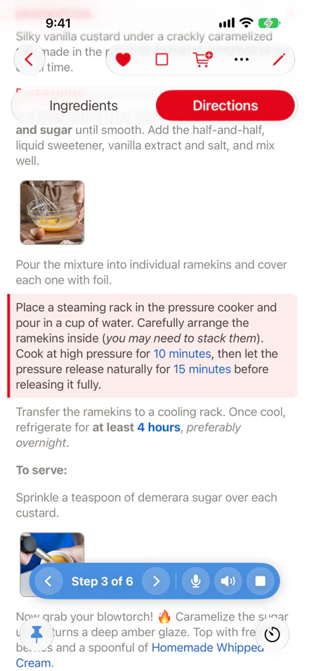 Cook mode on iPhone: the directions with the current step highlighted and the others dimmed, and the step pill at the bottom with the previous and next arrows, Step 3 of 6, and the microphone, speaker and stop buttons.