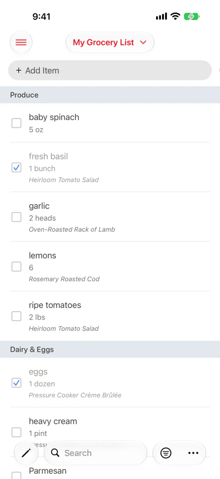 The Groceries screen on iPhone: the current list at the top, the add item field, items sorted by aisle with some checked off, and the search, filter and actions buttons at the bottom.