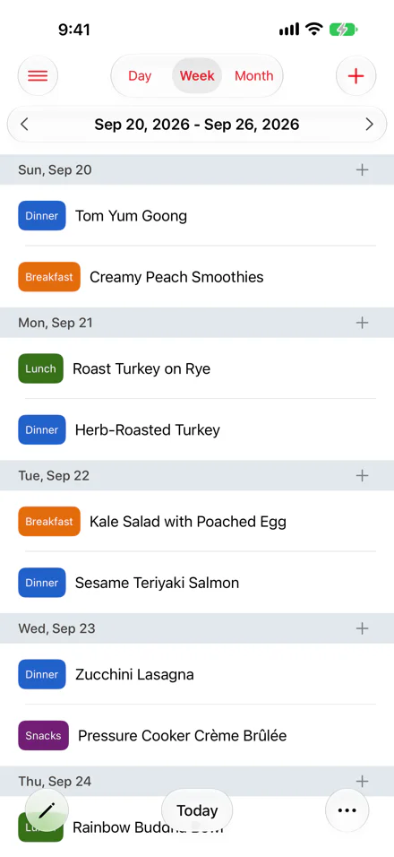 The Meals screen on iPhone in week view: the Day, Week and Month switch and add button at the top, the week navigation, meals grouped by day with their type, and the actions menu at the bottom.