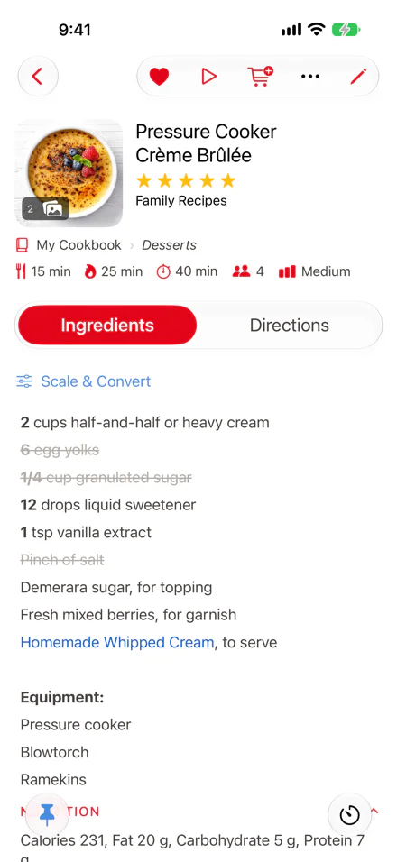 A recipe open on iPhone: the toolbar at the top, the photo, details and date, the Ingredients and Directions switch, Scale & Convert, ingredients with some crossed off, and the pin and timer buttons at the bottom.