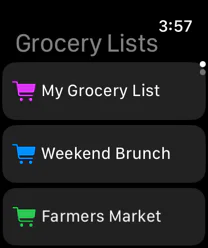 Paprika on Apple Watch: the Grocery Lists screen with My Grocery List, Weekend Brunch and Farmers Market.