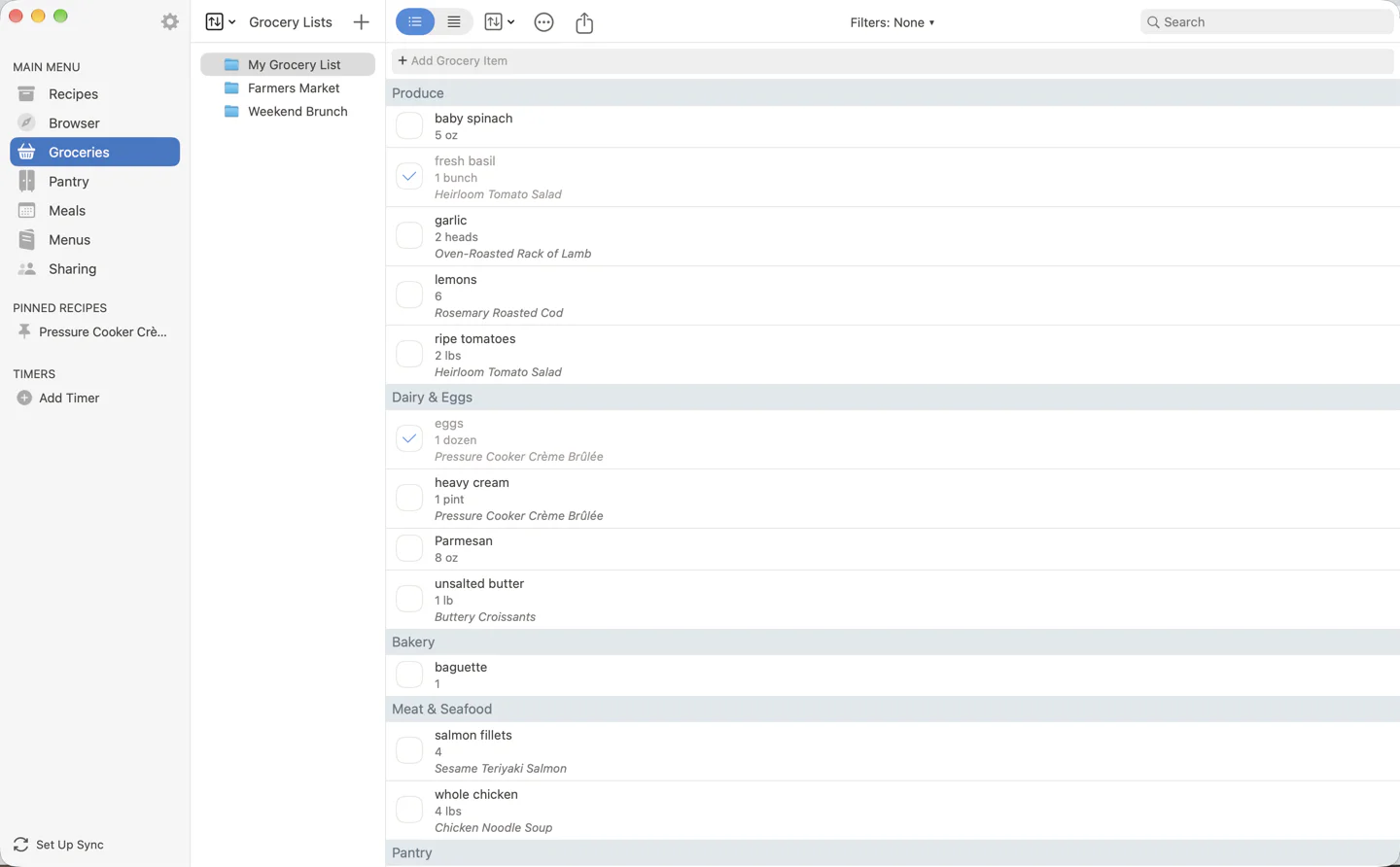 The Groceries screen on the Mac: grocery lists in the middle column, the list sorted by aisle on the right with some items checked off, and the add item field, filters and search above it.