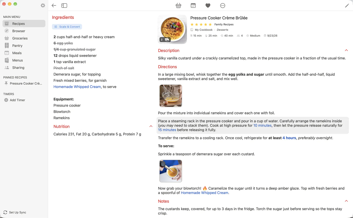 A recipe open on the Mac: ingredients on the left with some crossed off, the photo, directions and notes on the right, and the recipe toolbar above.