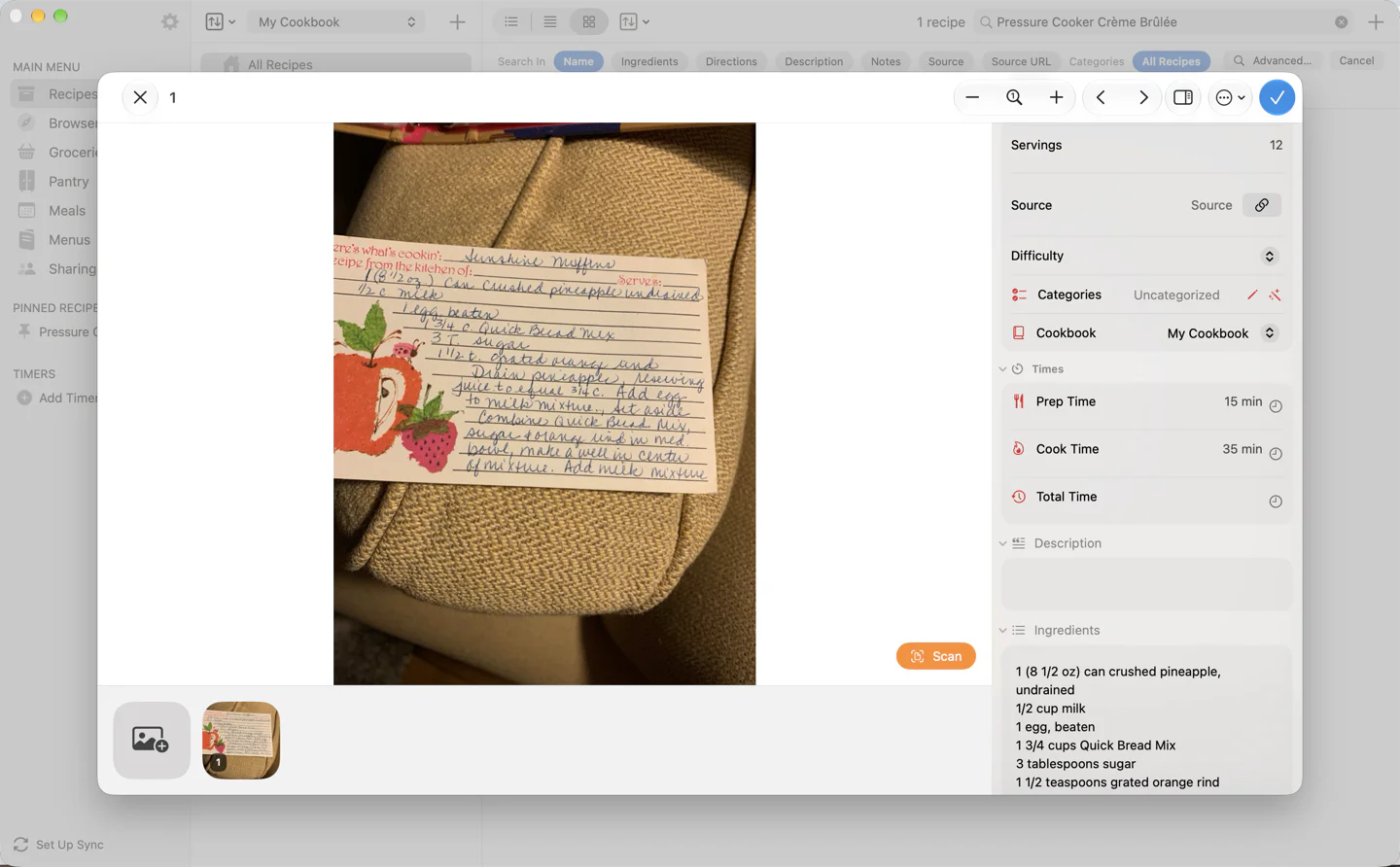 Scanning a handwritten recipe card on the Mac: the photo in the middle, the Scan button over it, and the recipe fields filling in on the right.