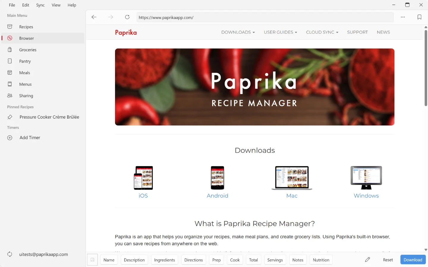 The built-in browser on Windows showing the Paprika website: back, forward, reload, the address bar and the bookmarks button in the upper toolbar, and the photo well, field buttons, edit, Reset and Download buttons in the clipboard toolbar at the bottom.