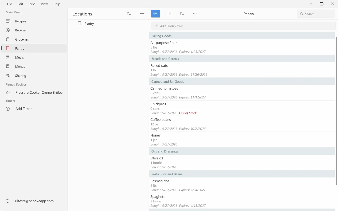 The pantry on Windows: locations in the middle column, items grouped by aisle on the right with quantities and purchase and expiry dates, one out of stock, and the add pantry item field, sort, actions and search above them.