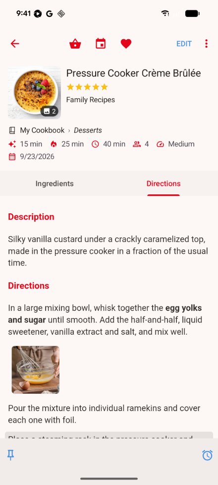 A recipe open on Android: the toolbar with the grocery list, meal planner and favorite buttons, Edit and the actions button; the photo, name, rating and details; the Ingredients and Directions tabs; the directions; and the pin and timer buttons at the bottom.