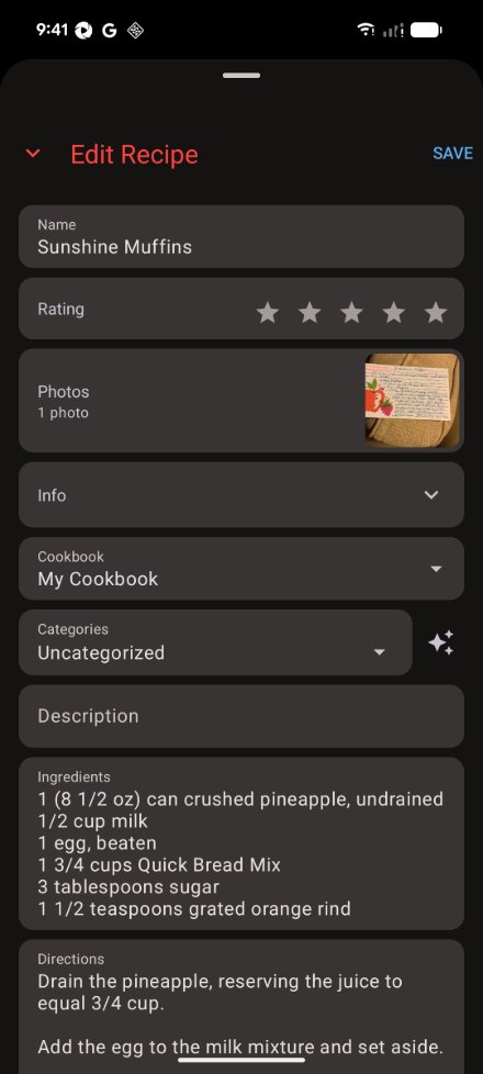 A scanned handwritten recipe card on Android: the Edit Recipe form with the save button at the top, the card's photo in the Photos row, and the name, ingredients and directions filled in from the scan.