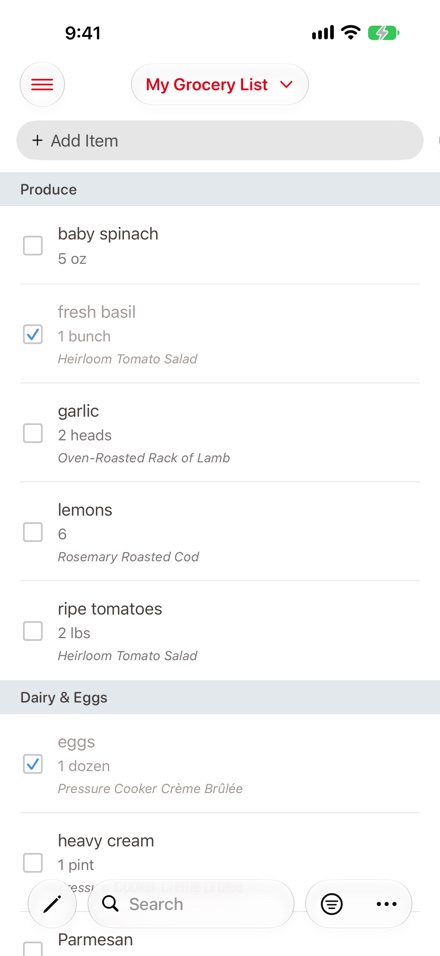 The Groceries screen on iPhone: the current list at the top, the add item field, items sorted by aisle with some checked off, and the search, filter and actions buttons at the bottom.