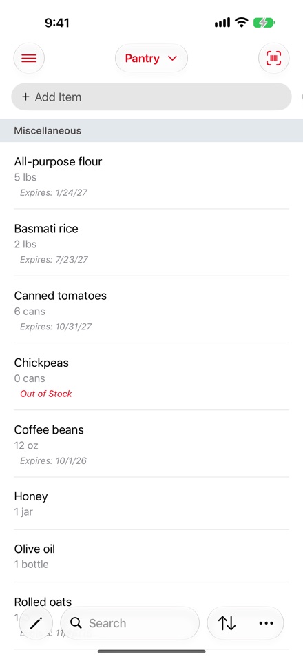 The pantry on iPhone: the location picker and barcode button at the top, the add item field, items with quantities and expiry dates, one out of stock, and the edit, search, sort and actions buttons at the bottom.