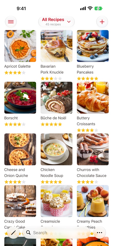 The Recipes screen on iPhone: the categories button, the current category and its count, and the add button at the top; the photo grid; and the search bar at the bottom.