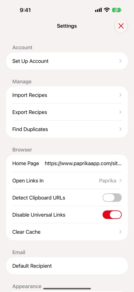 The Settings screen on iPhone: the Account group, then Import Recipes, Export Recipes and Find Duplicates, the Browser settings, and Email, with the close button at the top.