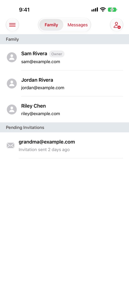 The Sharing screen on iPhone: the Family and Messages switch and the add member button at the top, family members below, and a pending invitation.
