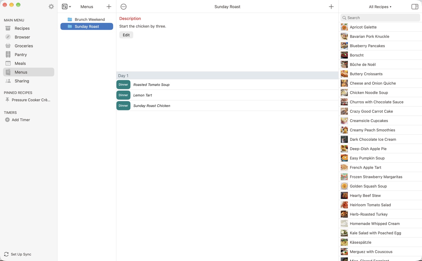 The menus section on the Mac: the menus in the middle column with Sunday Roast selected, its description and Day 1 items in the middle, and the recipes sidebar on the right.
