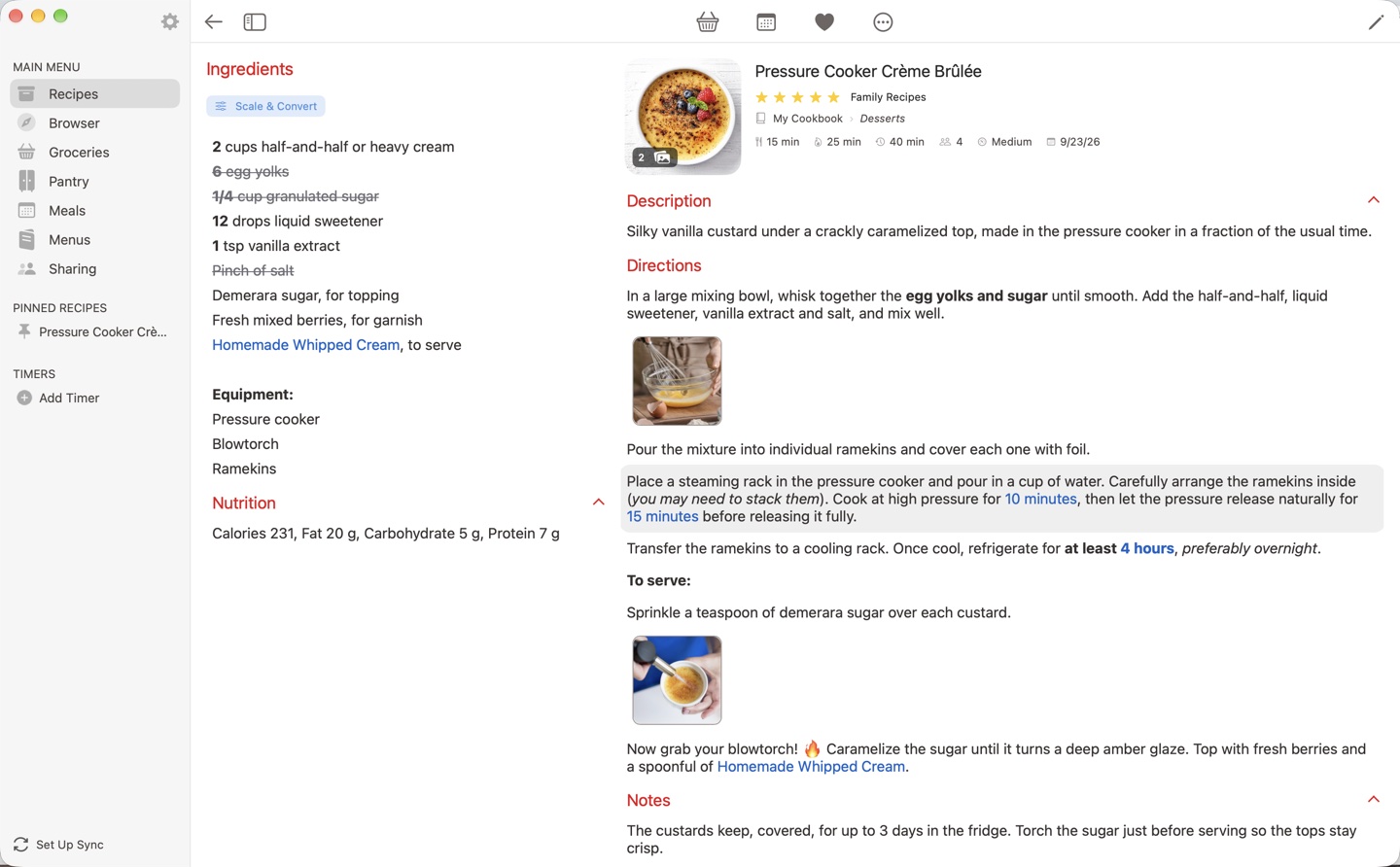 A recipe open on the Mac: ingredients on the left with some crossed off, the photo, directions and notes on the right, and the recipe toolbar above.
