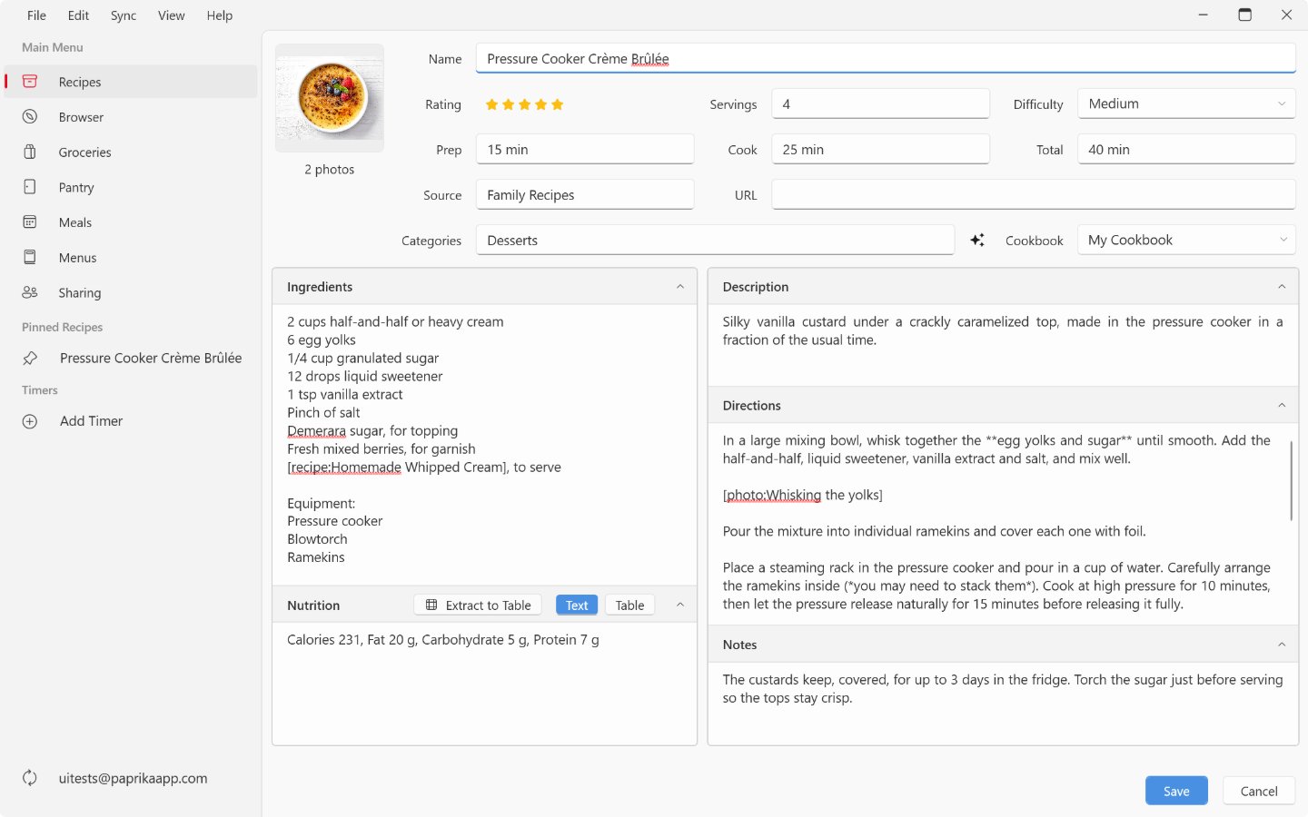A recipe being edited on Windows: the photo and the name, rating, times, source and categories fields at the top, then the ingredients, nutrition, description, directions and notes boxes, and Save and Cancel below.