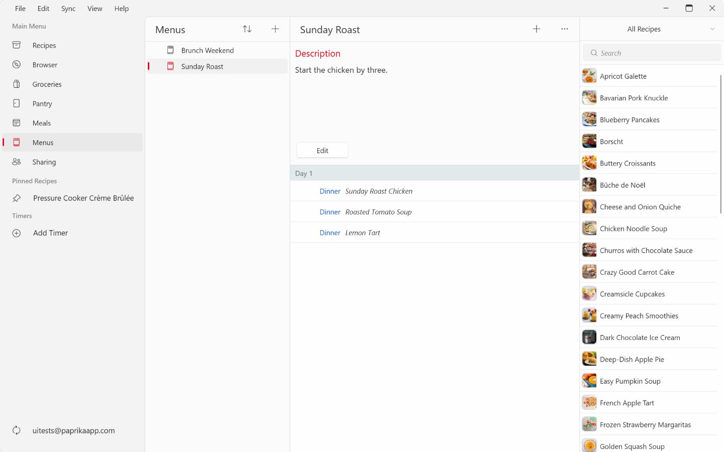 The menus section on Windows: the menus in the middle column with Sunday Roast selected, its description and Day 1 items in the middle, and the recipes sidebar on the right.
