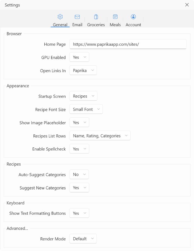 The Settings window on Windows, on the General tab: the tabs across the top, then the Browser, Appearance, Recipes, Keyboard and Advanced groups.