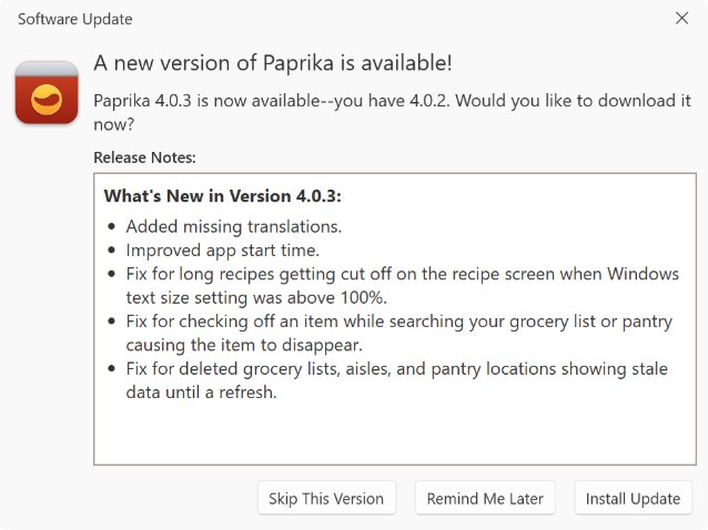 The Software Update dialog on Windows, offering a new version with its release notes and the Skip This Version, Remind Me Later and Install Update buttons.